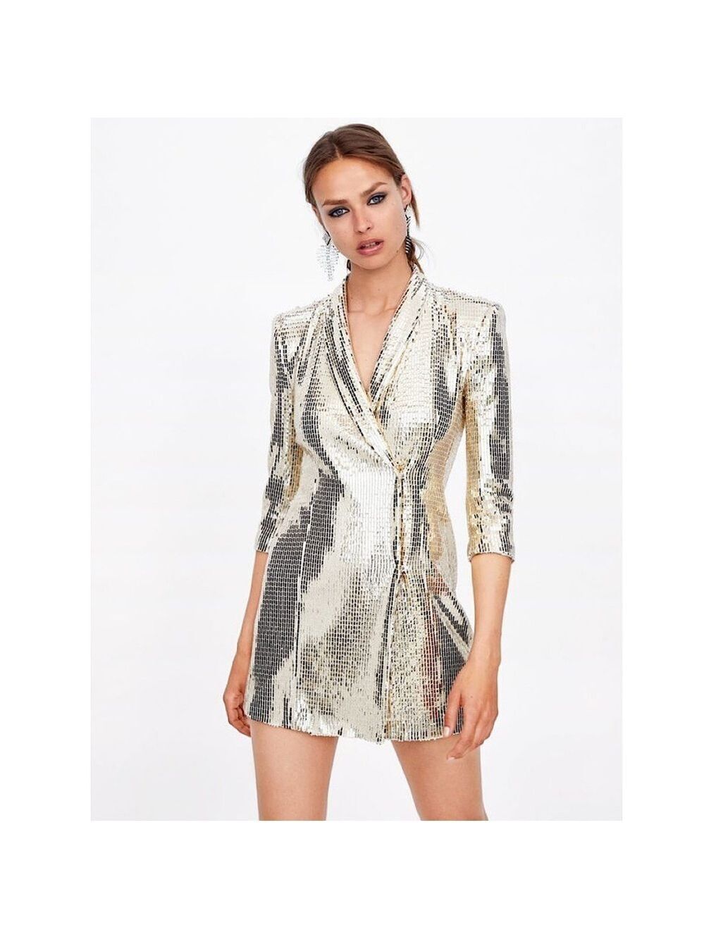 Zara sequin metallic gold blazer mini dress XS new years party holidays